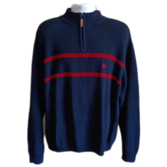 100% Cotton Navy & Red Thick Knit Pullover Sweater With Neck Zip, Mens Large - Picture 2 of 10